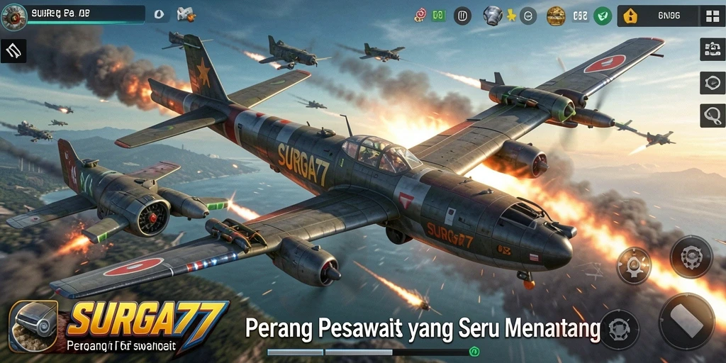 Screenshot SURGA77 menampilkan pertempuran pesawat yang mendebarkan.
